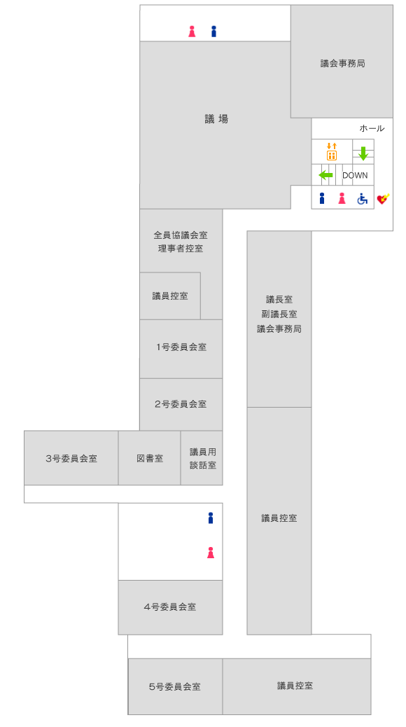 議会棟3階議場・議長室・副議長室・議会事務局・議員控室・全員協議会室・理事者控室・第1会議室・1号委員会室・2号委員会室・3号委員会室・4号委員会室・5号委員会室・議員用談話室・図書室・男性用トイレ・女性用トイレ・障害者用トイレ・AED