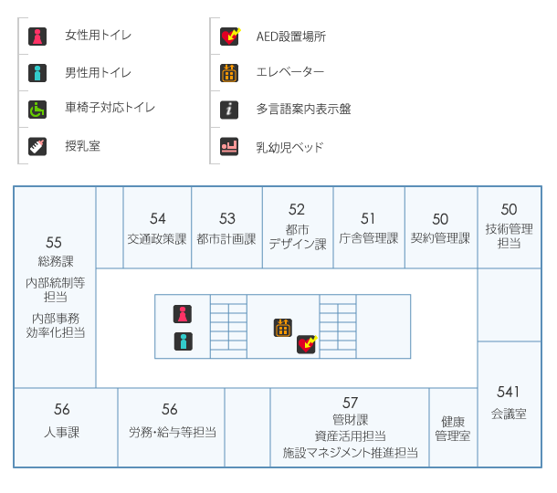 本庁舎5階：女性用トイレ・男性用トイレ・AED設置