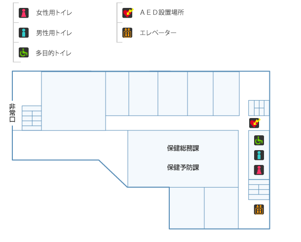 池田庁舎3階：女性用トイレ・男性用トイレ・車椅子対応トイレ・AED設置