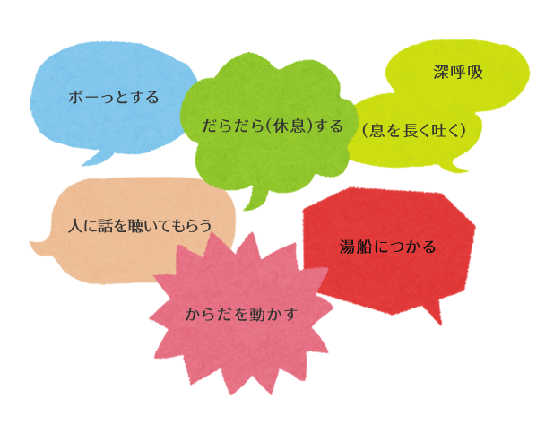 深呼吸(息を長く吐く)、だらだら(休息)する、ボーっとする、人に話を聴いてもらう、からだを動かす、湯船につかる