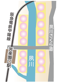 地図：阪急電車「苦楽園口」駅周辺の夙川両岸