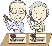 家族や仲間で食事するイラスト