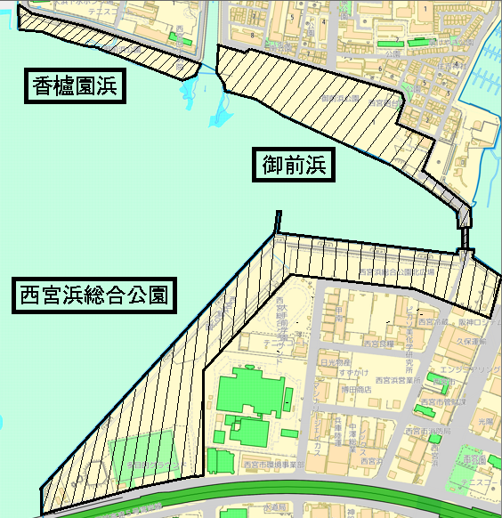 花火禁止重点区域（香櫨園浜・御前浜・西宮浜総合公園）