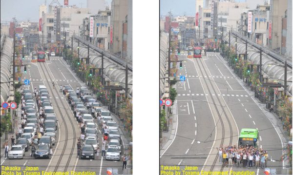 左は自家乗用車50台分の車列の写真、右はバス1台と50人の人たちの写真